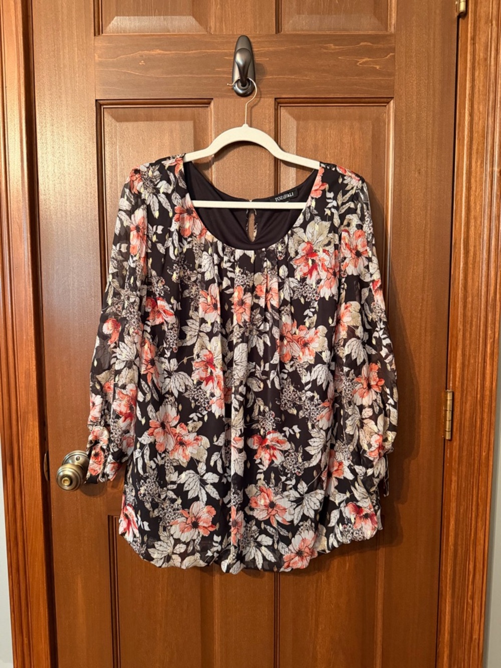 Roz & Ali Black Floral Peasant Blouse - Coral & Cream Flowers